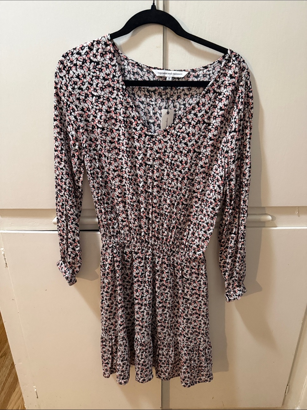 Casual Floral V-Neck Long Sleeve Dress - Pink/Black
